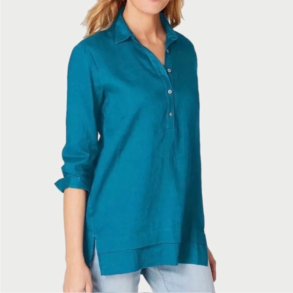 J. Jill Tops - J. Jill love linen teal linen pop over tunic top with pleated hem shell buttons